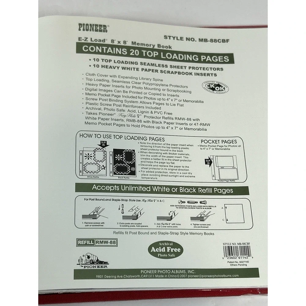Pioneer E-Z Load 8 x 8 Memory Book Acid Free 20 Top Loading Pages NEW Red